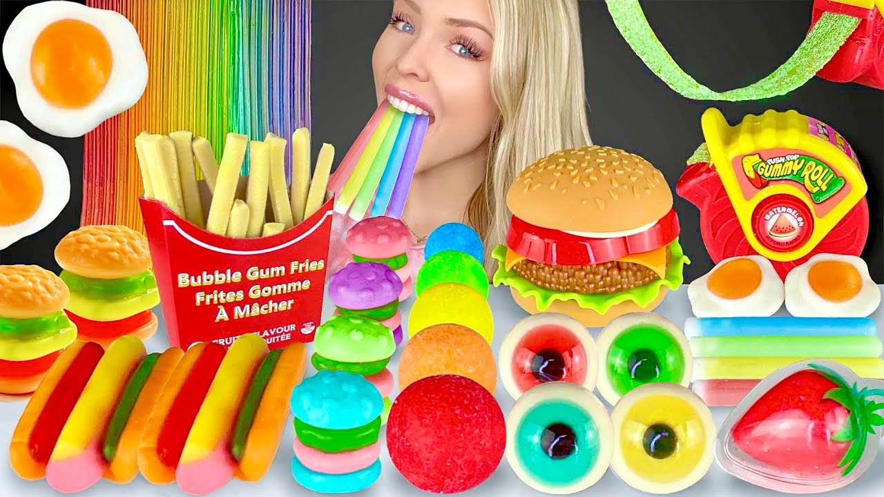 ASMR Gummy Candy, Sour Strips Gummy Roll, Mini Hotdog, Rainbow Jelly Glass Noodles, Mukbang 먹방
