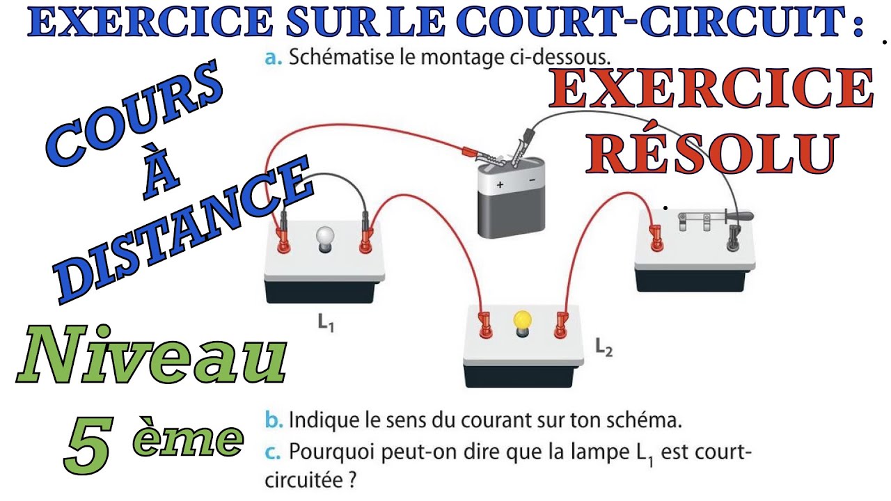 Exercice résolu d’électricité en 5ème sur le court-circuit. Schématisation. Sens du courant. Cours.