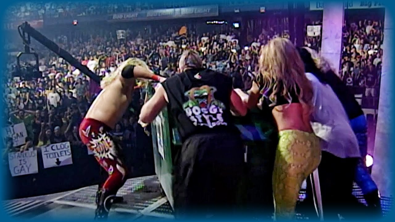 The Dudley Boyz are thrown off stage in a dumpster: SmackDown!, June 15, 2000