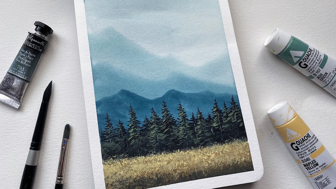 landscape watercolor painting tutorial easy | watercolor painting for beginners | gouache painting