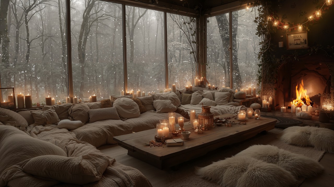 Quiet Snowy Cabin in the Forest ❄️ Soft Piano, Fireplace Crackling & Falling Snow for Sleep