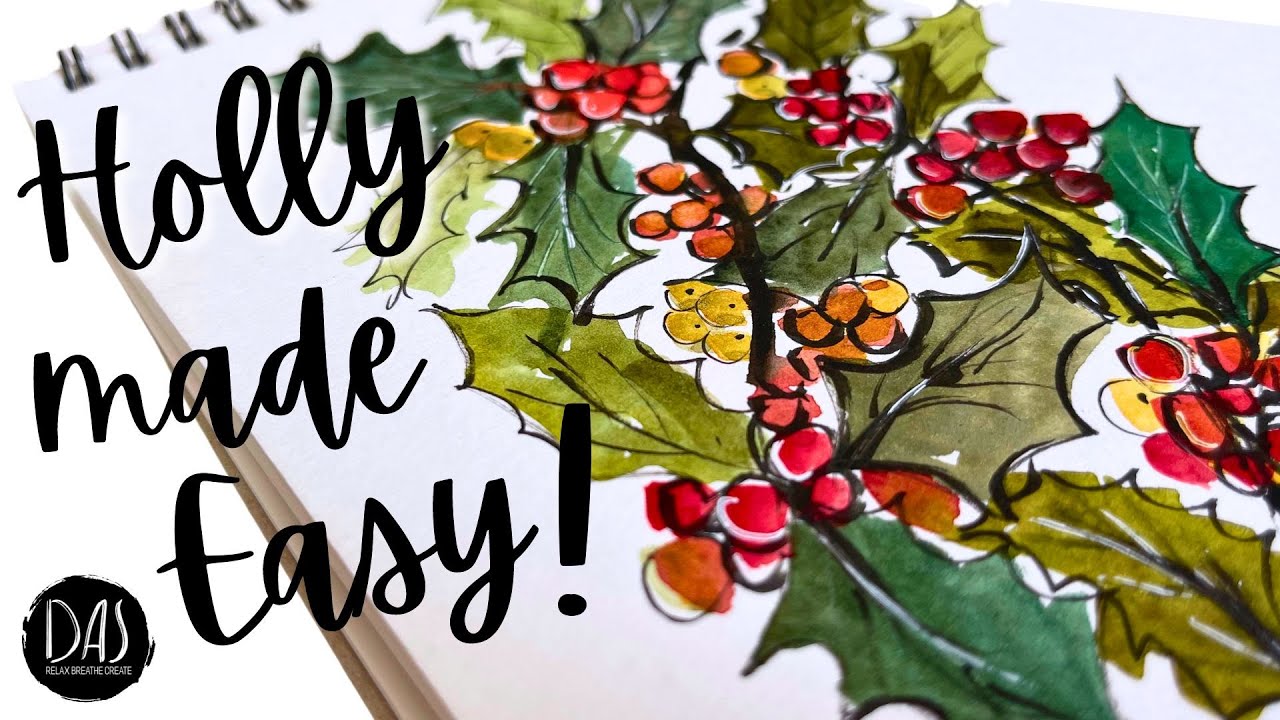 Как нарисовать акварелью листья и ягоды падуба (быстро и легко!)