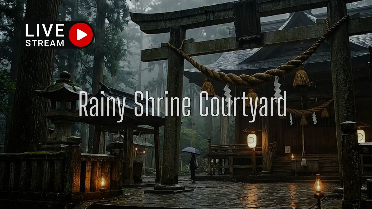 🔴LIVE Traditional Japanese Rain for Deep Sleep – Rainy Shrine Courtyard with Torii Gate, Late Night