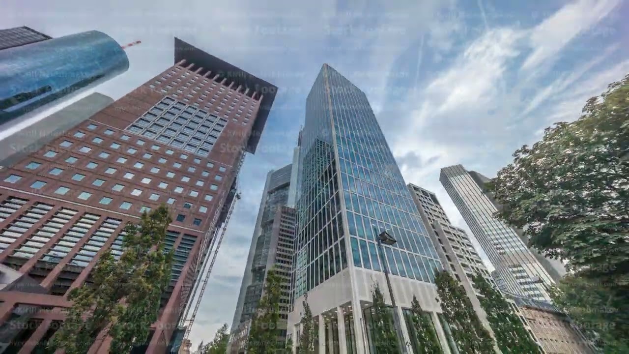 Hyperlapse looking up perspective at glass skyscrapers in Frankfurt's Innenstadt district. Germany