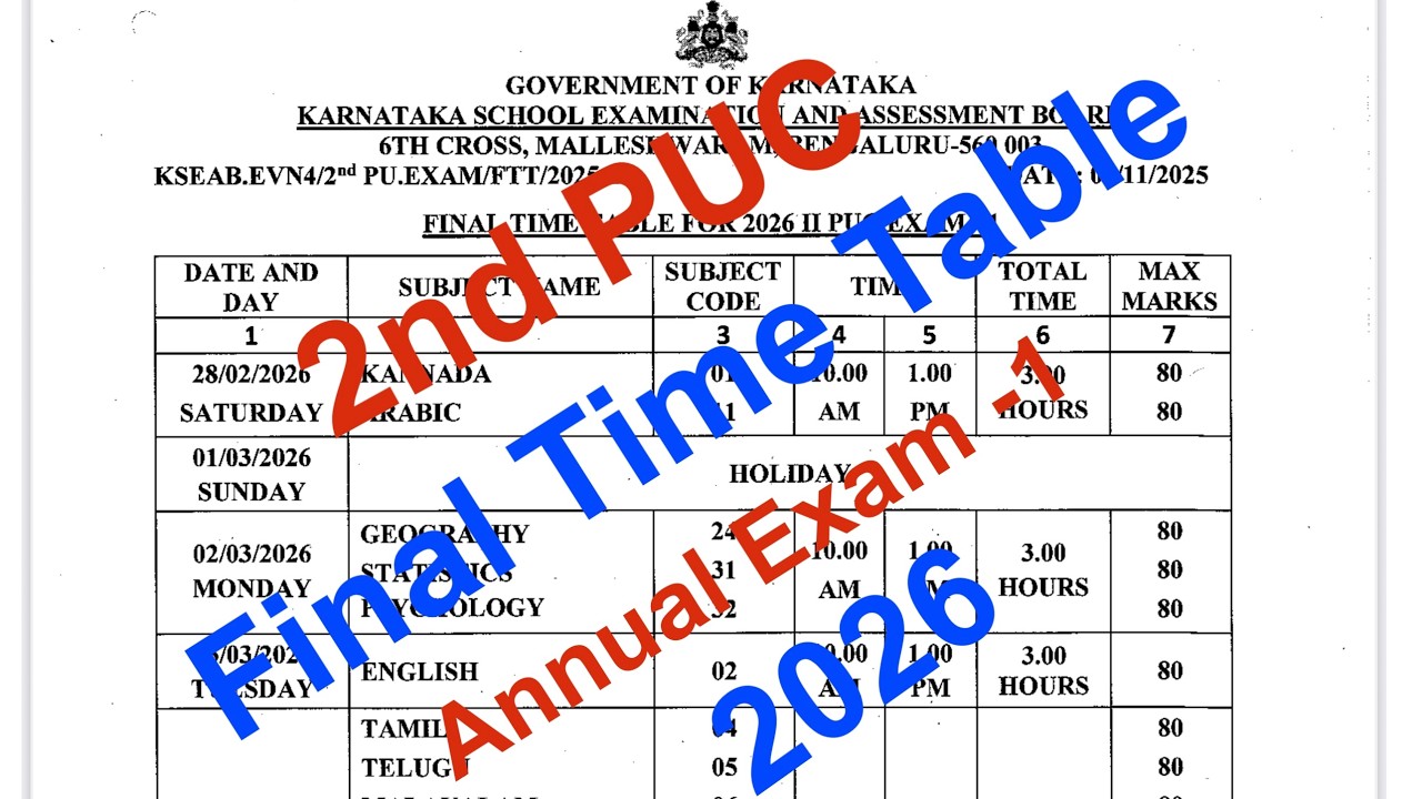 2nd PUC Final Time Table 2026 | 2nd PUC Annual Exam-1 Time Table 2026 | Final Exam Time Table 2026