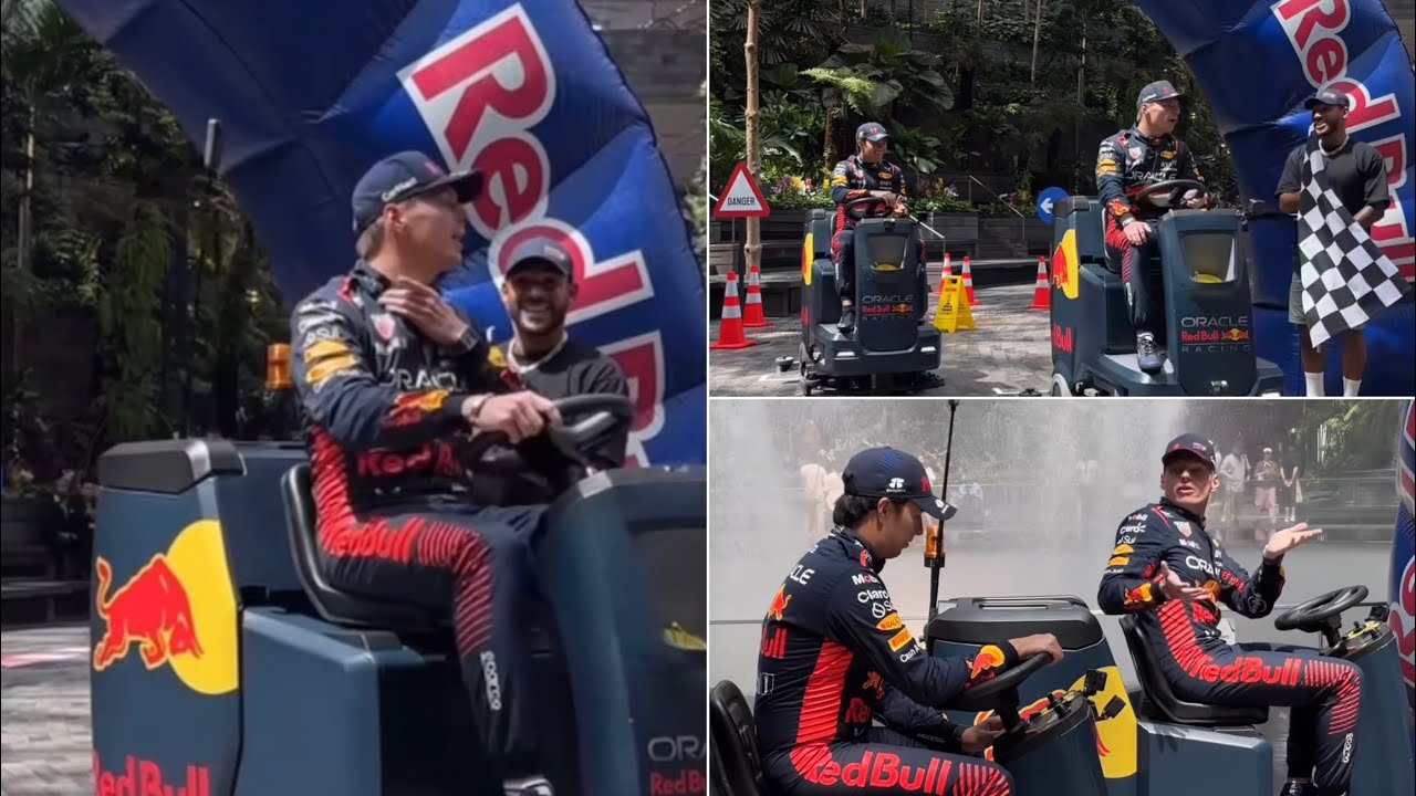 Max Verstappen & Sergio Perez clean Singapore's changi airport on Redbull's cleaning machines