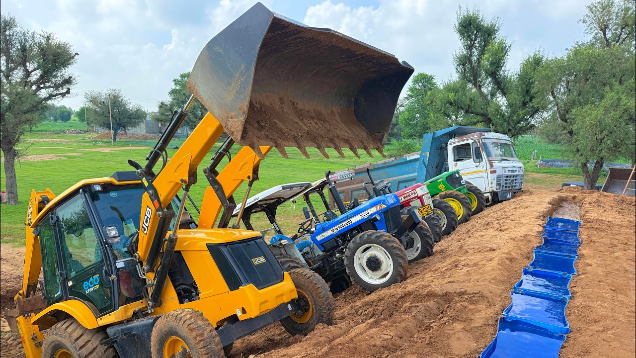 Jcb 3dx loading Mud TATA Tippers Tractors Swaraj 855F New Holland 3630 Tractor 4x4 jcbThar Truck
