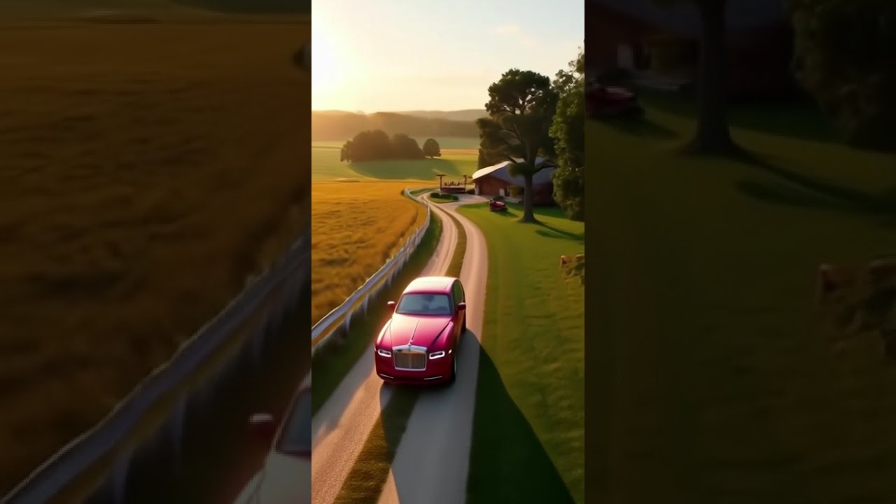 Red car Arrives Countryside of rolling farmland bordered by  white fences tall golden wheat swaying