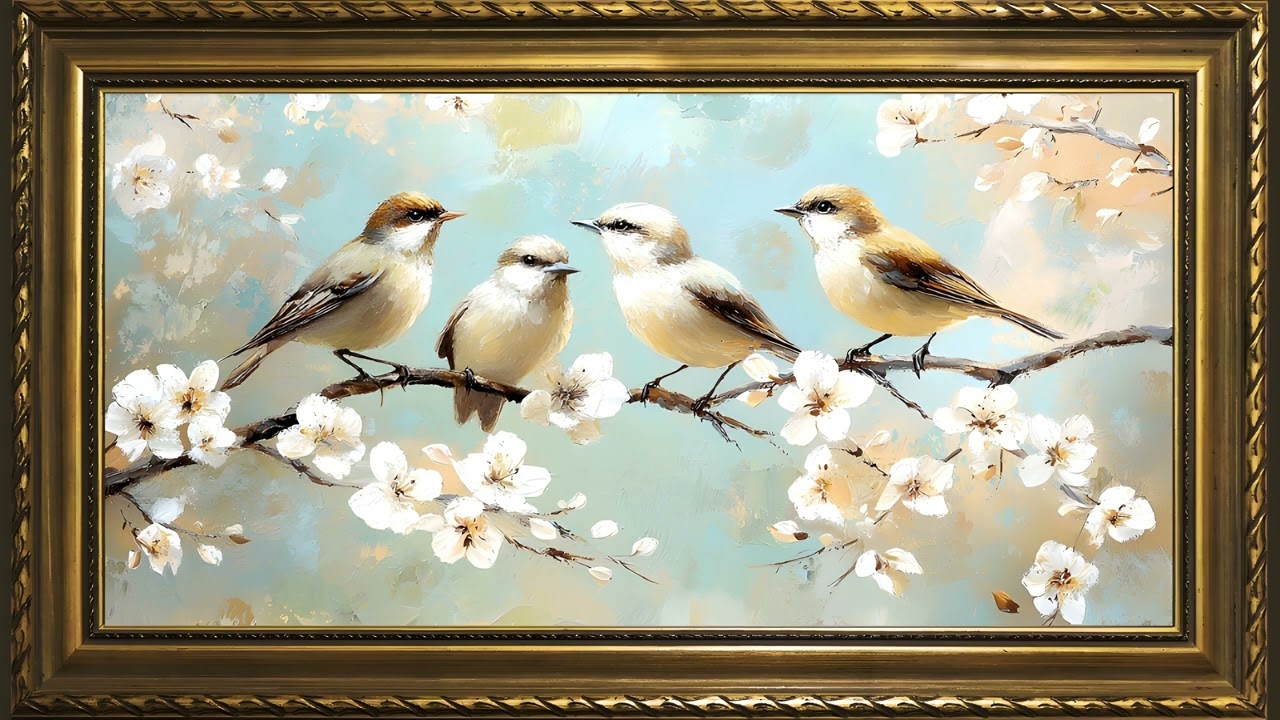 White Flowers and Birds, Vintage Oil Painting | Gold Framed TV Art Screensaver