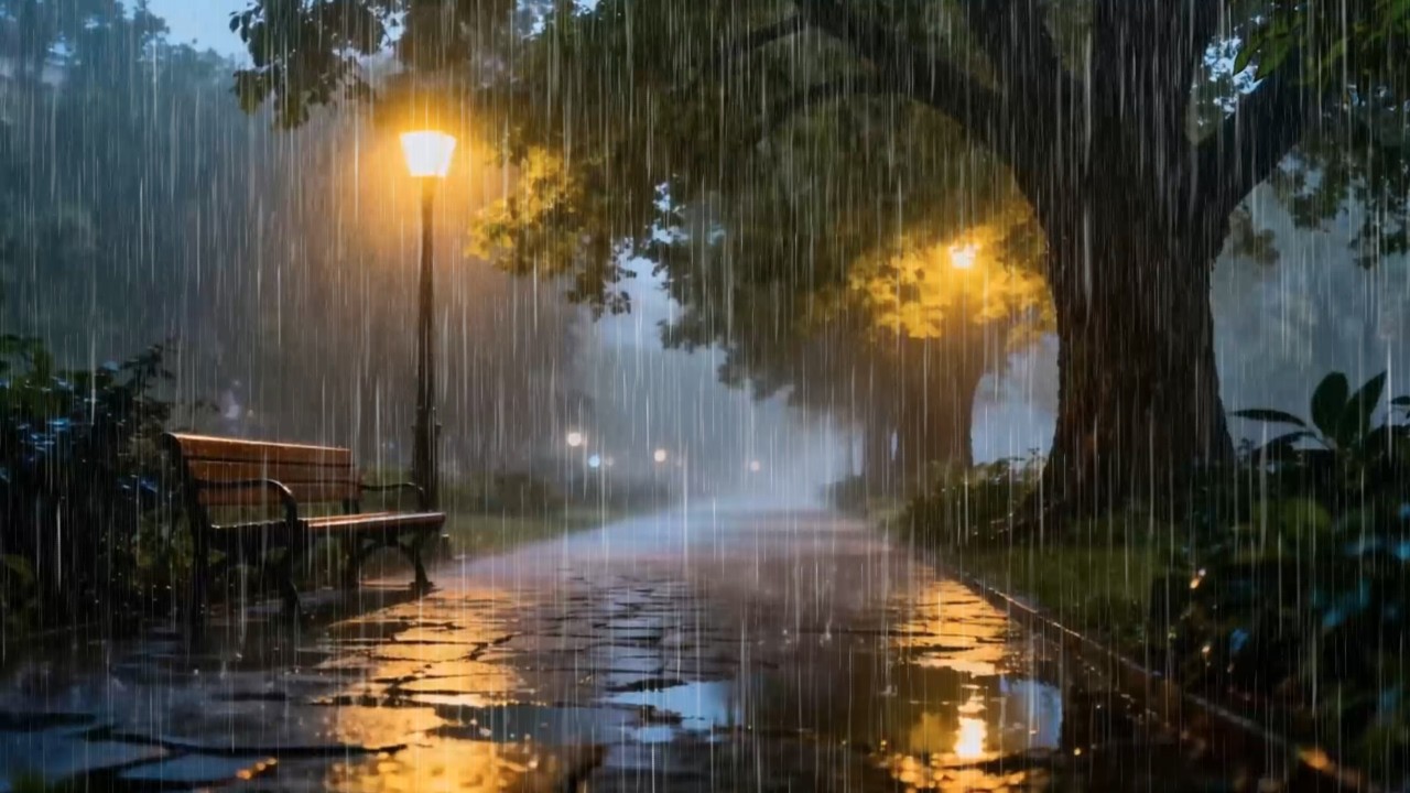Heavy Rain Sounds at Night Across Empty Urban Sculpture Park for Insomnia Relief | Cool Rain