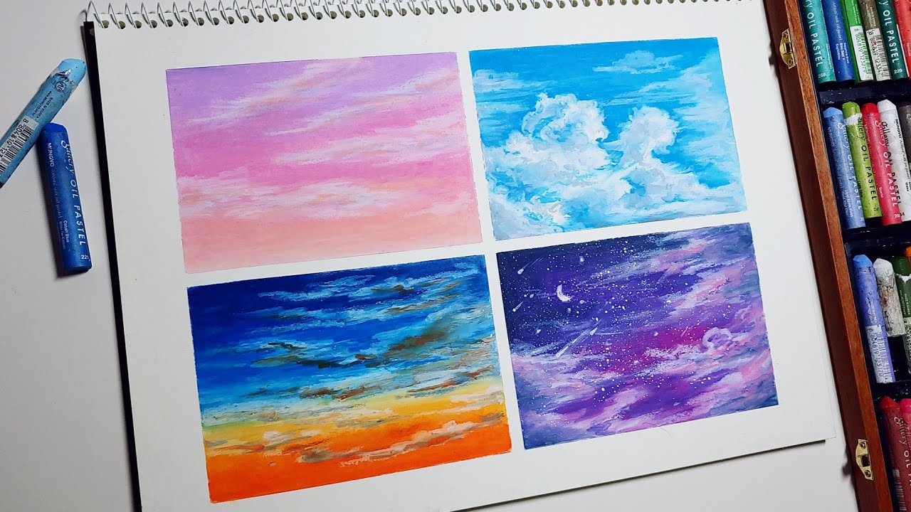 Oil Pastel Tutorial #35 / 4 types of Sky Cloud Landscape Drawing / Skill Share