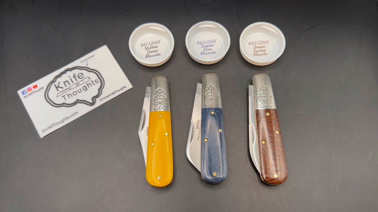 GEC #86 Boomtown Barlow Micarta; Yellow Clip, Blue Sheepfoot, Brown Spear