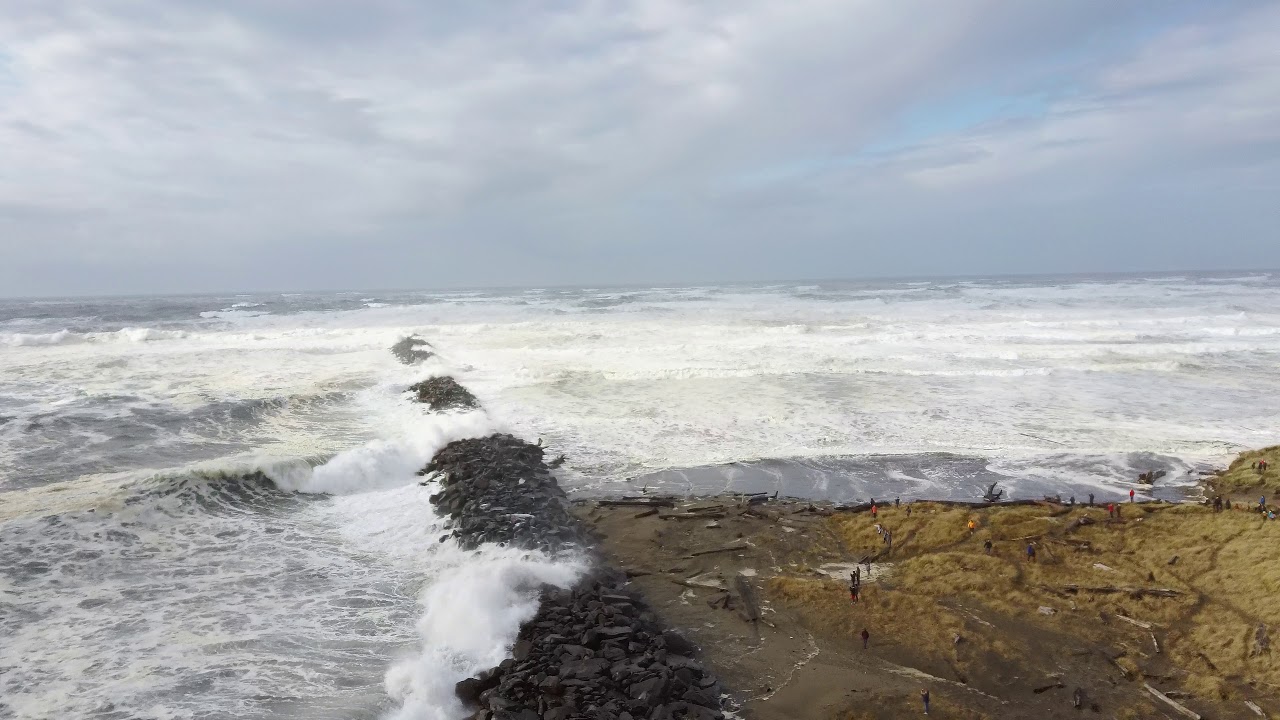 4k Flyover of North Jetty, Ocean Shores, WA during King Tide. 11-15-2020