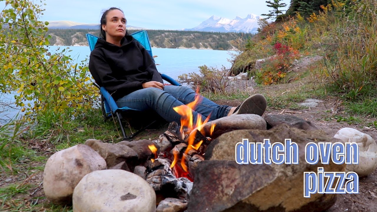 Campfire dutch oven pizza at turquoise lake/ Solo female traveler