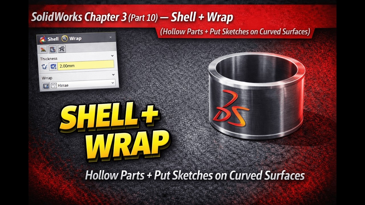 SolidWorks Chapter 3 (Part 10) — Shell + Wrap (Hollow Parts + Put Sketches on Curved Surfaces)