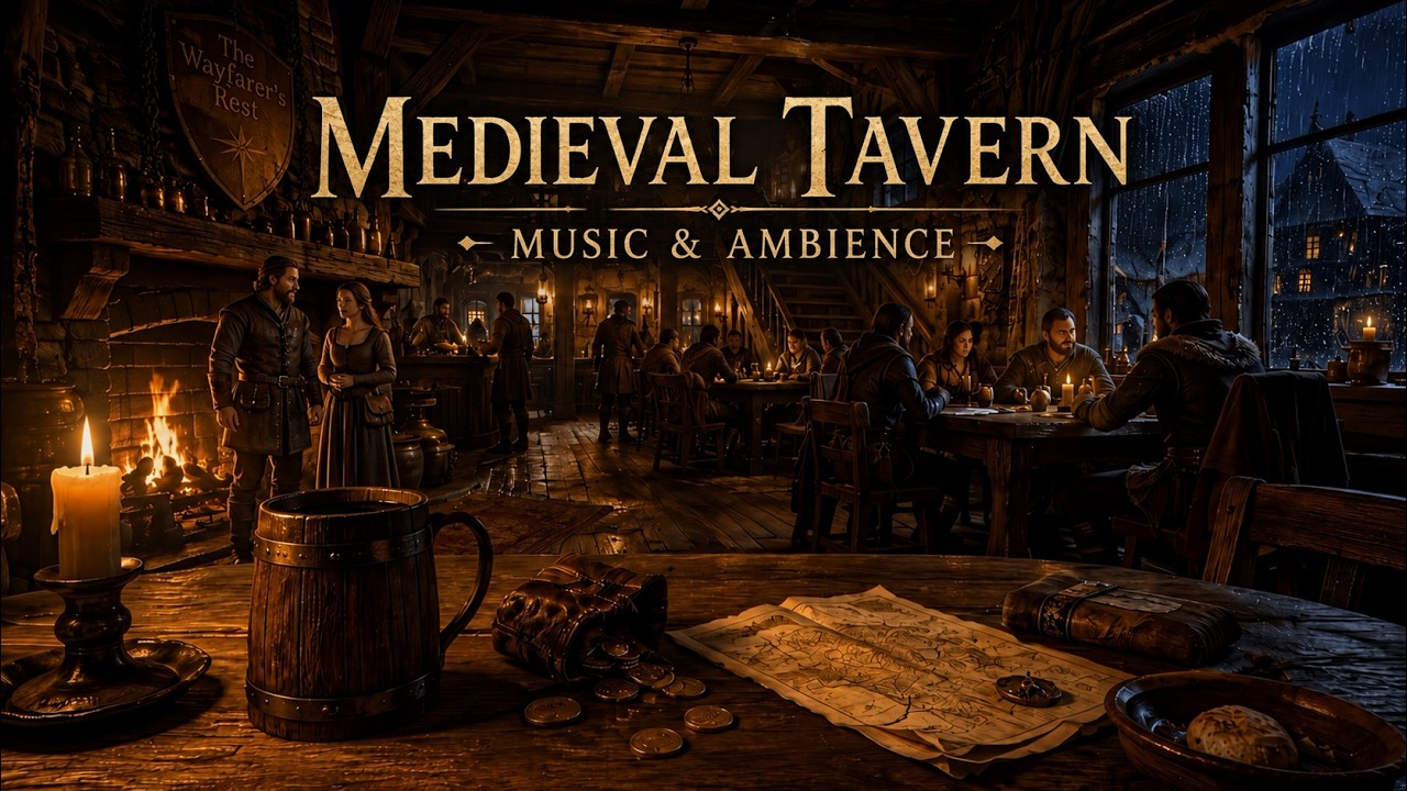 Medieval Tavern Music & Ambience | Cozy Fantasy Inn, Rain & Fireplace
