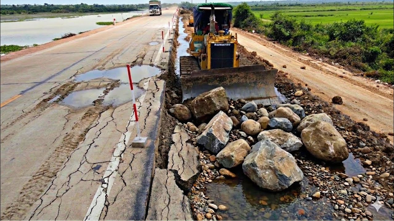 Massive Road Collapse Heavy Machinery Combats Severe Flood Damage To Save Main Highwa
