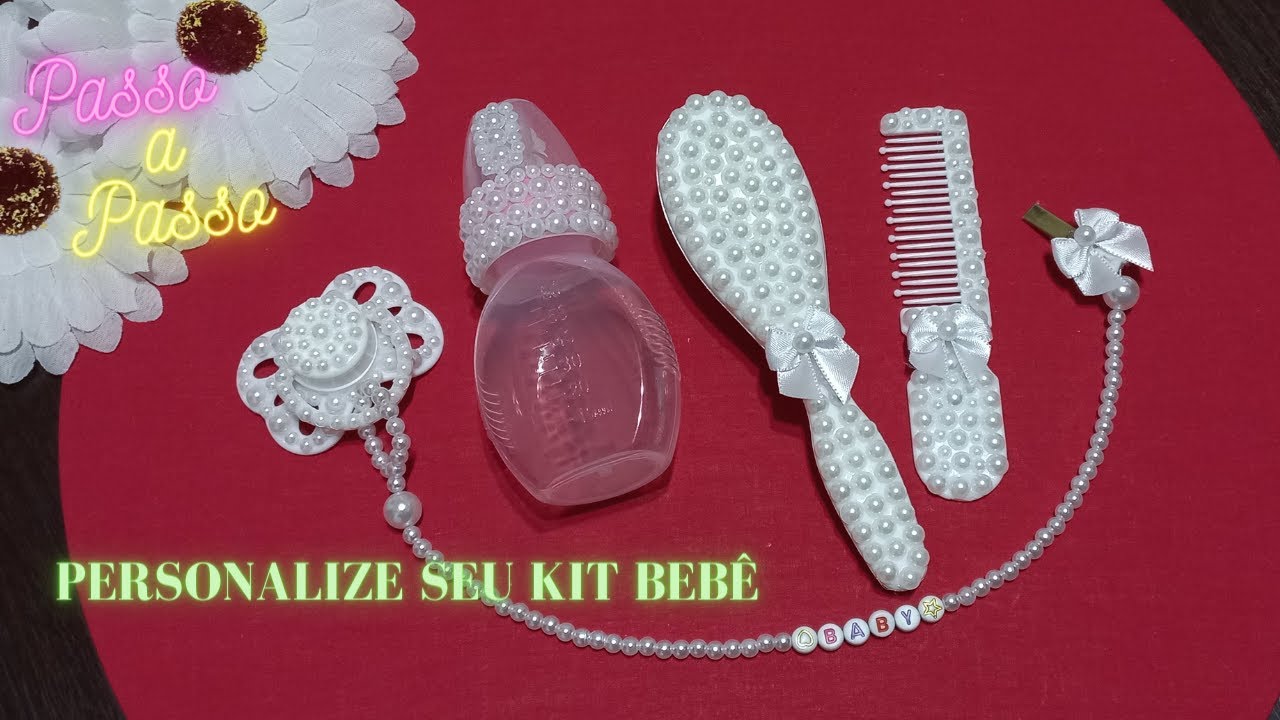 DIY: Faça vc mesmo kit bebê com pérolas. Mamadeira, chupeta, prendedor, escova e pente/ babyreborn