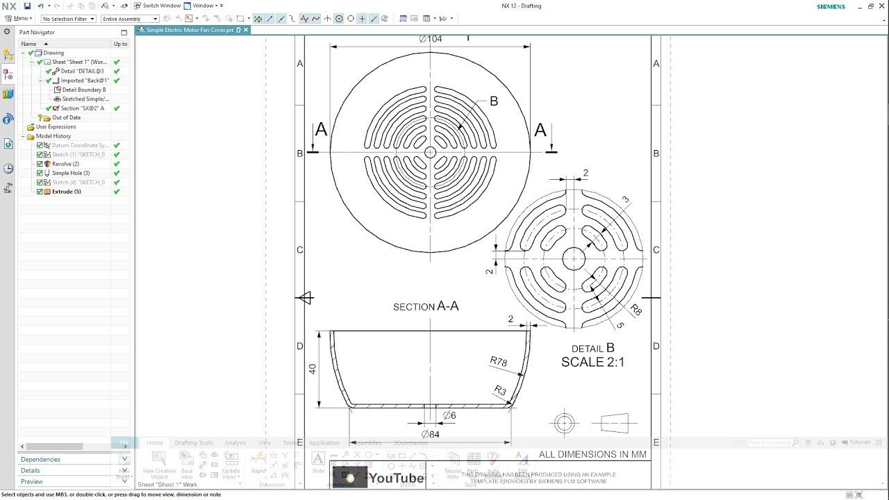 SIEMENS NX 12 - SIMPLE ELECTRIC MOTOR FAN COVER - DRAWING