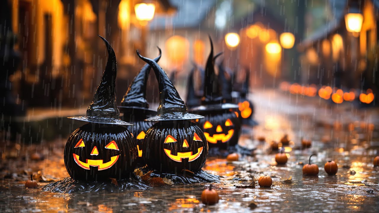 Halloween Harvest Festival 🎃 Relaxing Rain on Road Sounds 🎃 Halloween Ambience for Sleep & Relaxatio