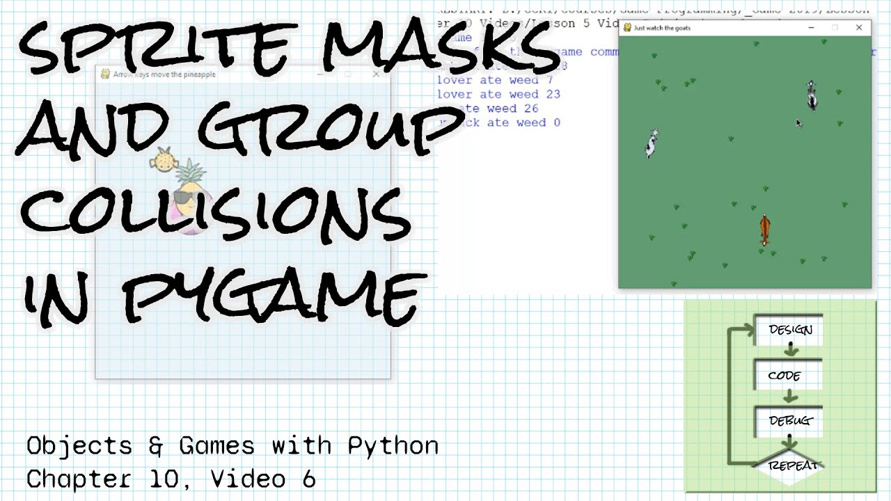 Sprite masks and group collisions in pygame; Objects & Games w/ Python Chapter 10 Video 6