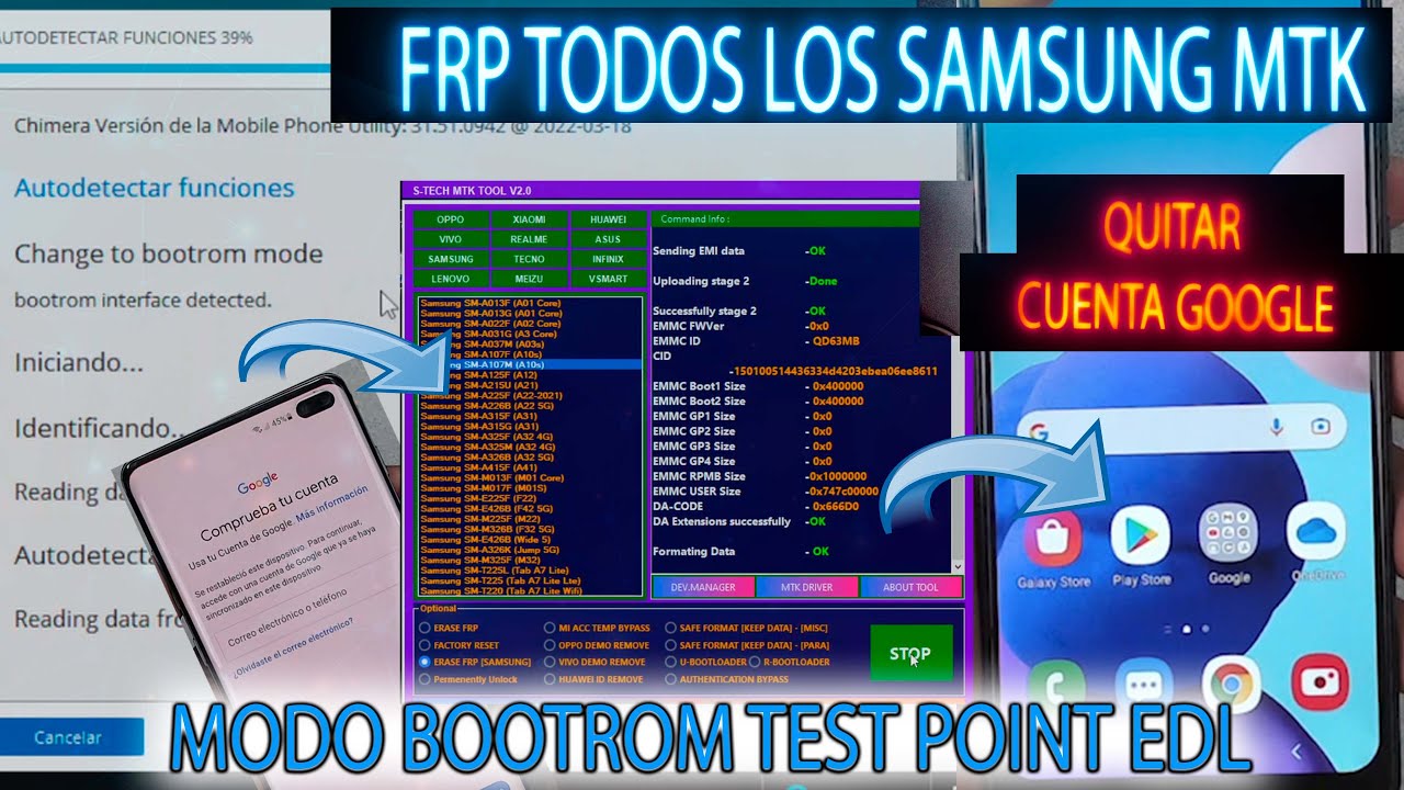 FRP SAMSUNG MTK con dos herramientas quitar CUENTA GOOGLE modo bootrom TEST POINT fácil