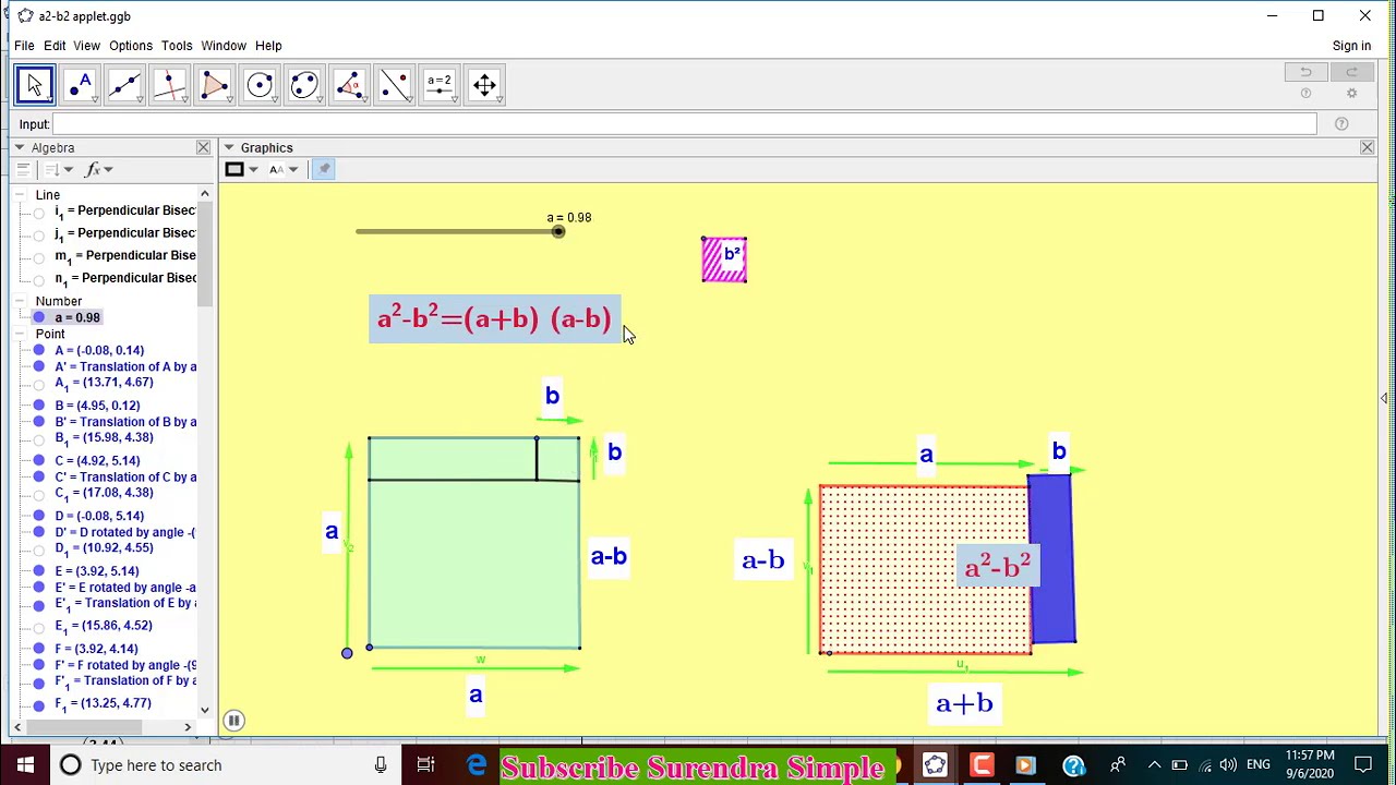 How to construct a^2-b^2 applet  on geogebra ?  a^2-b^2 काे सुत्र  पत्ता लगाउने तरिका