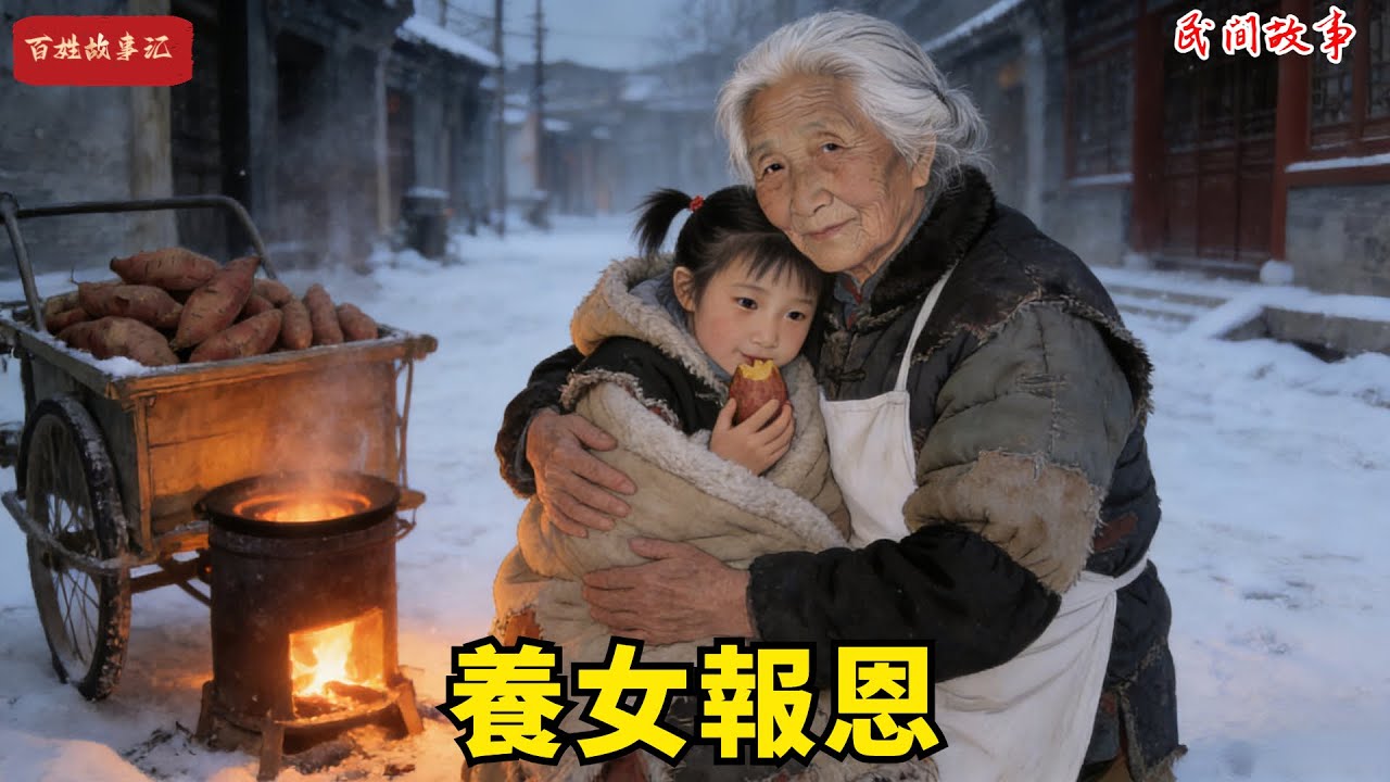 饑荒年狠心父母為了三張餅賣掉7歲養女，女孩雪夜敲了九十九扇門。在將餓死時賣紅薯的孤婆遞來一個烤紅薯。十年後城中首富嫁女，新娘下轎對賣紅薯的老婦三跪九叩#故事頻道 #民間故事#睡前故事#中國文化#故事