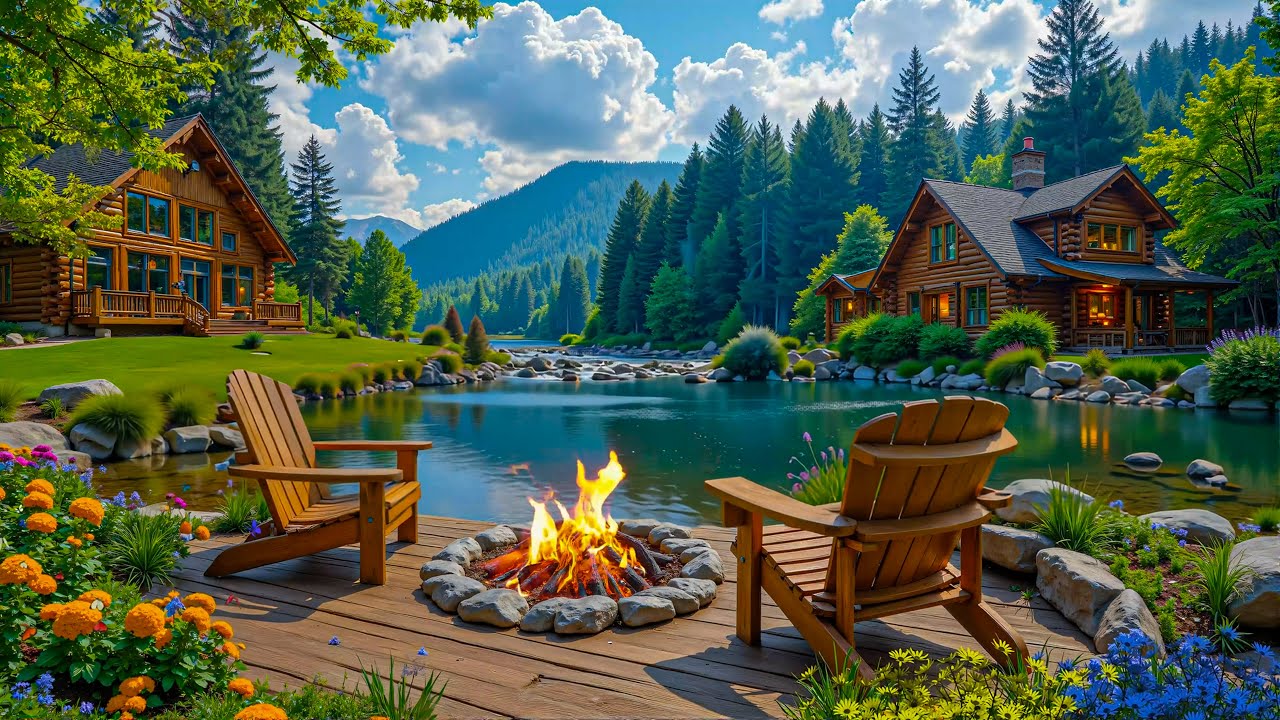 Soothing Riverside Piano Music Cabin Porch 🌿🌸Relaxing Piano Music for Working and Studying 🌿🌸