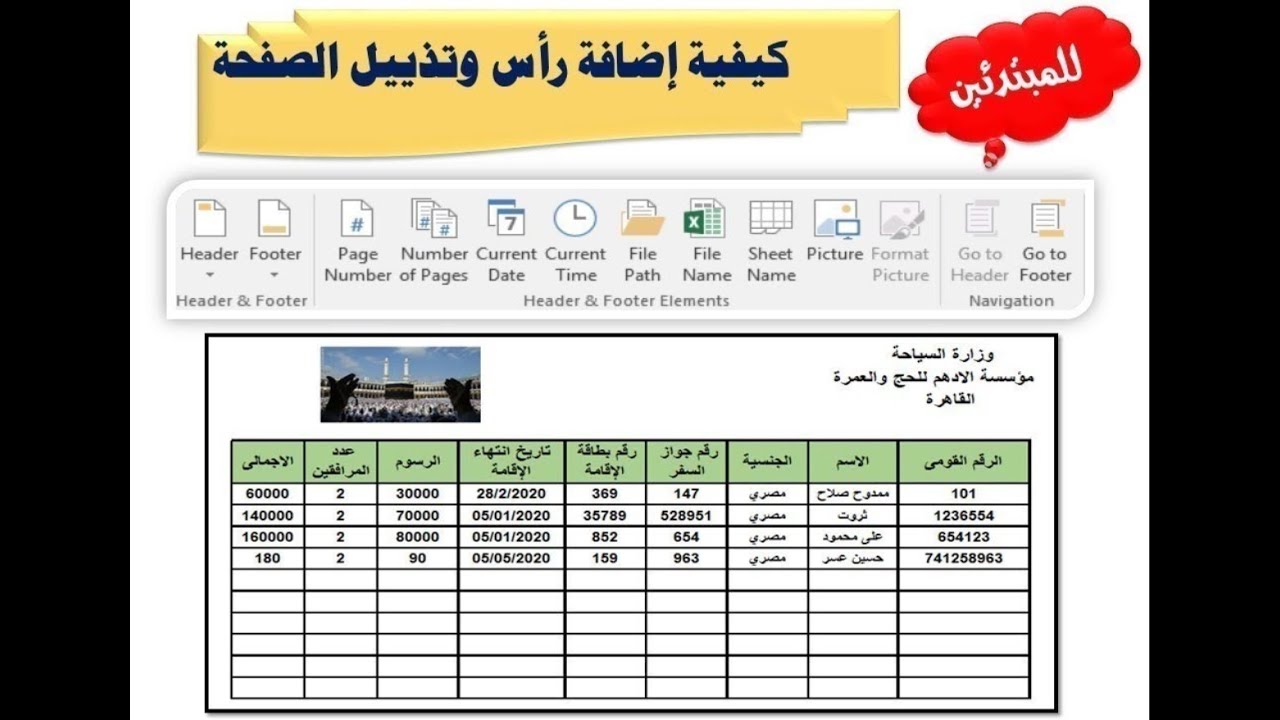 للمبتدئين كيفية اضافة رأس وتذييل الصفحة بكل سهولة فى الاكسل