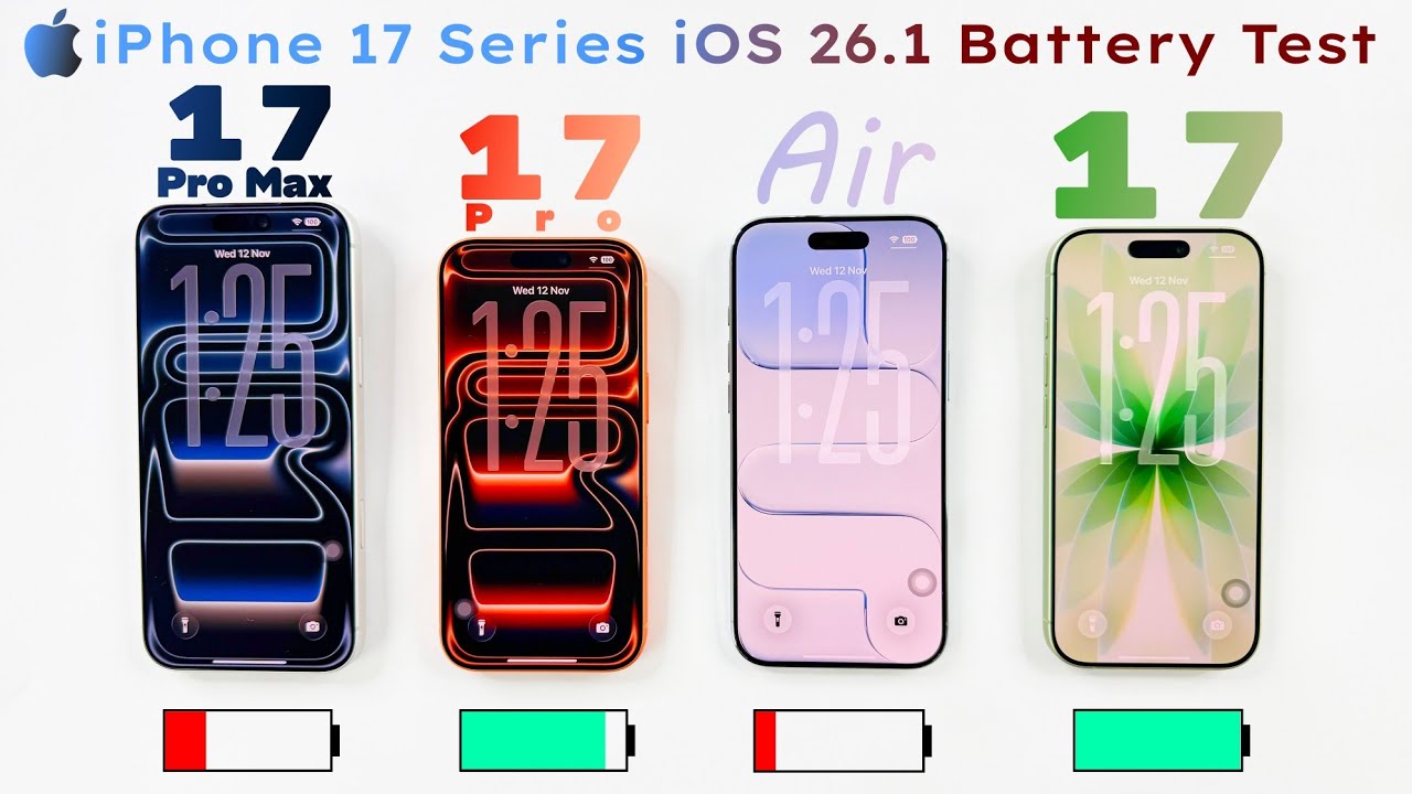 iPhone 17 Pro Max vs 17 Pro vs iPhone AiR vs iPhone 17 - iOS 26.1 ULTIMATE Battery Life DRAIN Test 🥵