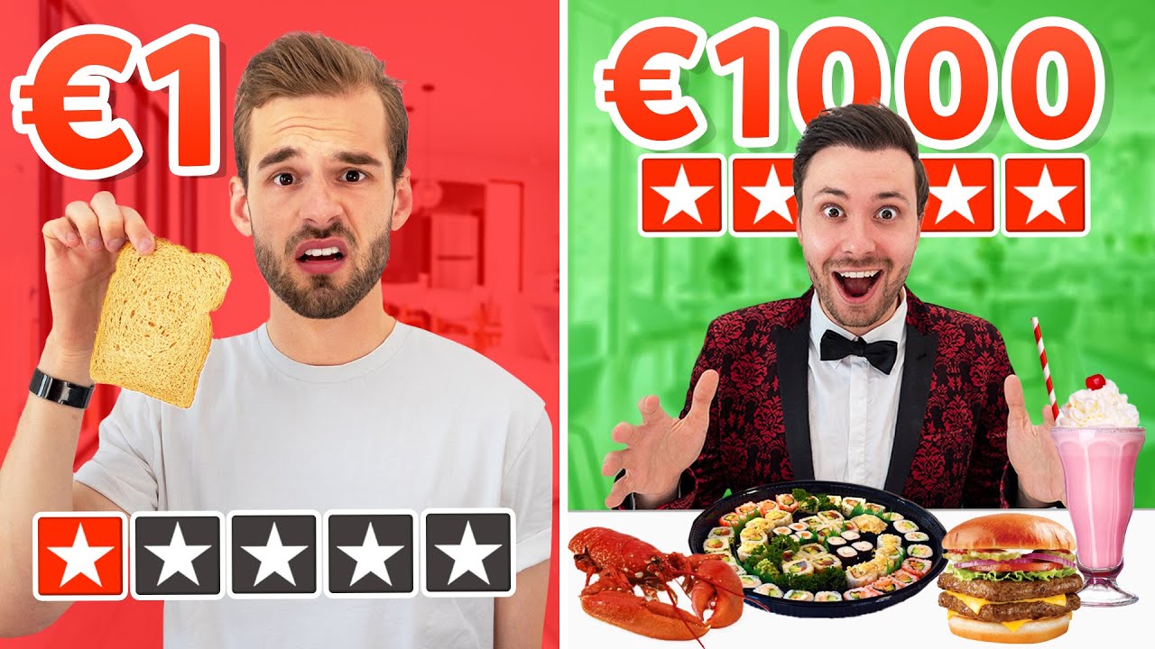 €1 VS €1000 VOEDSEL ETEN IN 1 DAG! Met Rutger *Experiment*