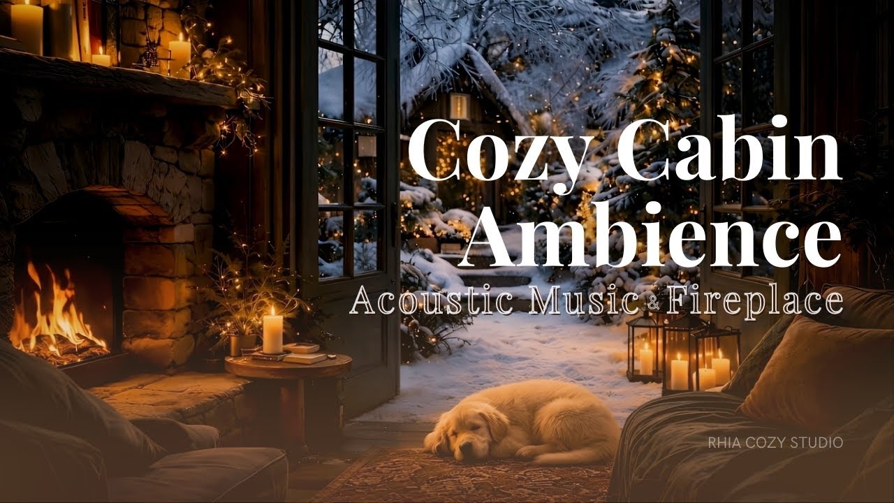 Cozy Winter Cabin Ambience ❄️ Acoustic Music, Fireplace &  Gentle Wind