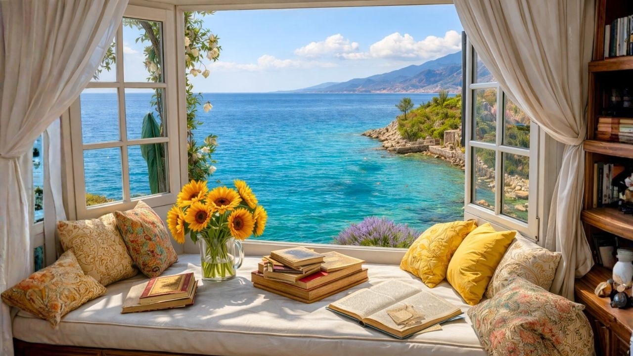 Sunlit Sea Window 🌻 Acoustic Guitar & Gentle Ocean Waves for Calm Focus & Relaxation