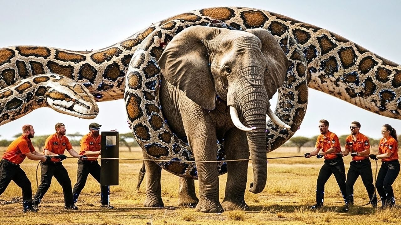 Heroic rescue team battles to save innocent mother elephant from giant python attack🐍