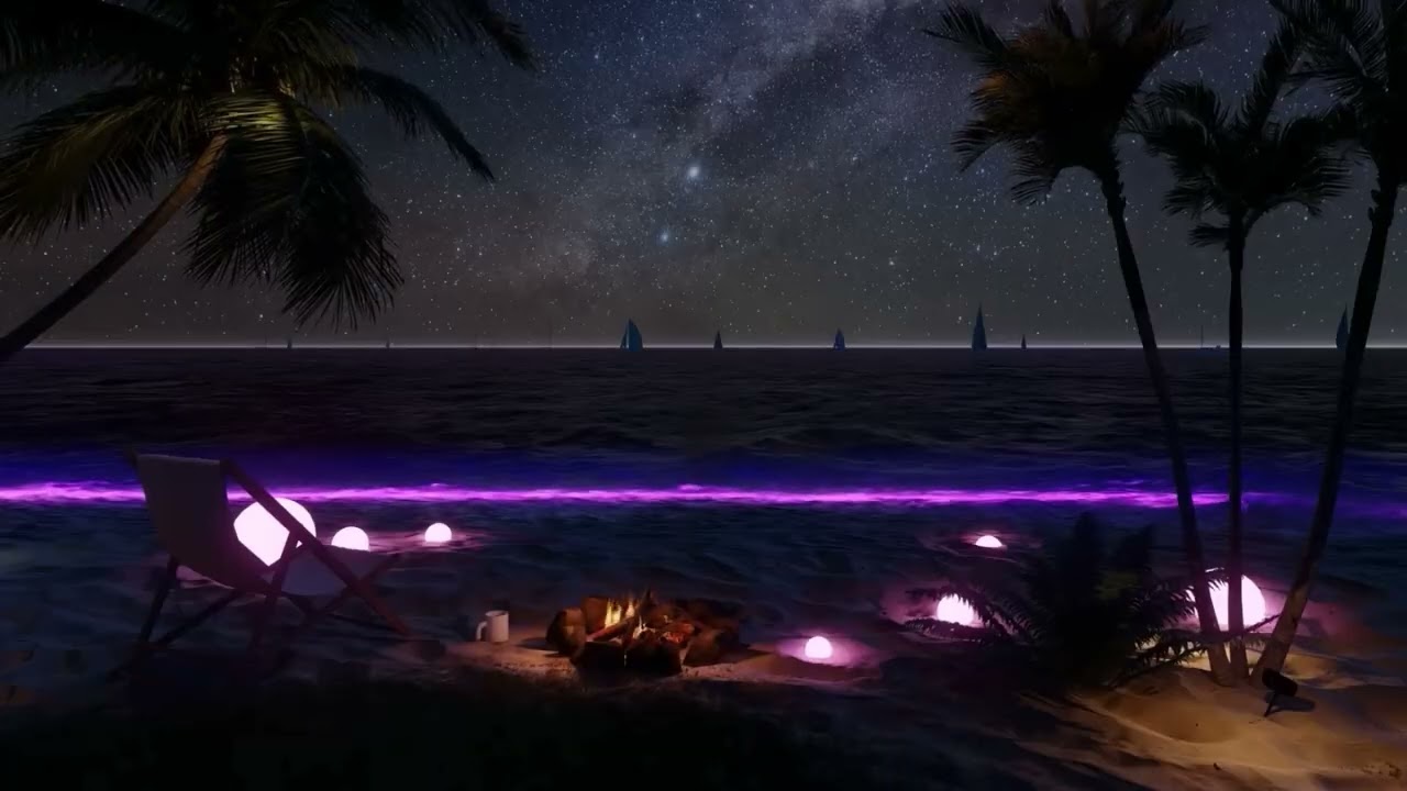 Nuit Tropicale 🌊 Ocean Waves & Campfire | Relaxation, Sleep, Ambiance (1H)