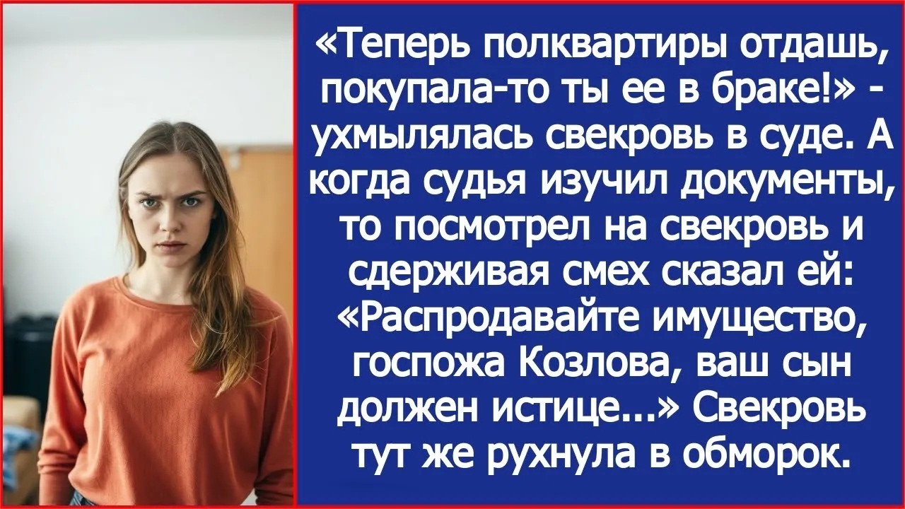Теперь полквартиры отдашь, покупала то ты ее в браке! Ухмылялась свекровь в суде