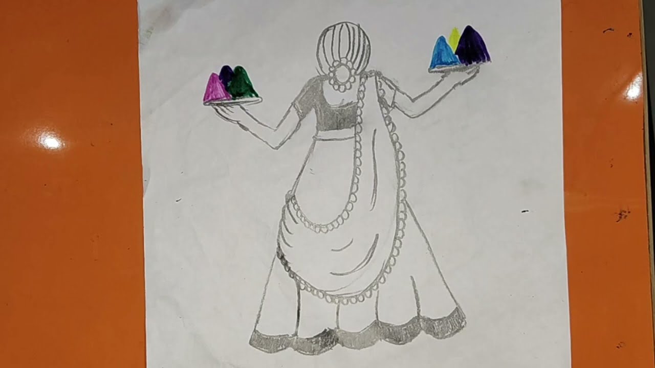 Holi drawing for kids l holi drawing easy step by s l how to draw traditional girl celebrating holi 
