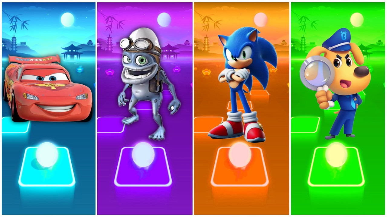 Lightning McQueen 🆚 Crazy frog 🆚 Sonic Prime  🆚 Sheriff Labrador in Tiles Hop EDM Rush Game Play🎶
