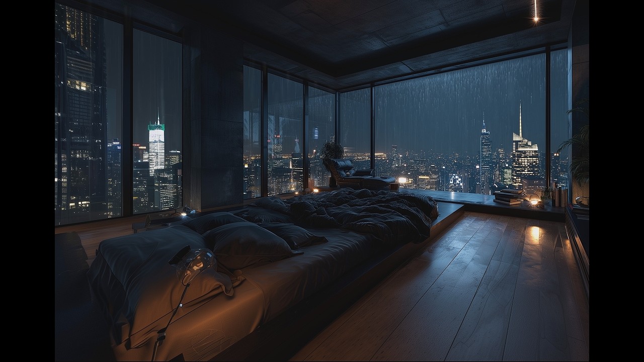 Cozy Bedroom Rain Ambiance 🌧️ Soft Rain on Windows Night City View | 10 Hours
