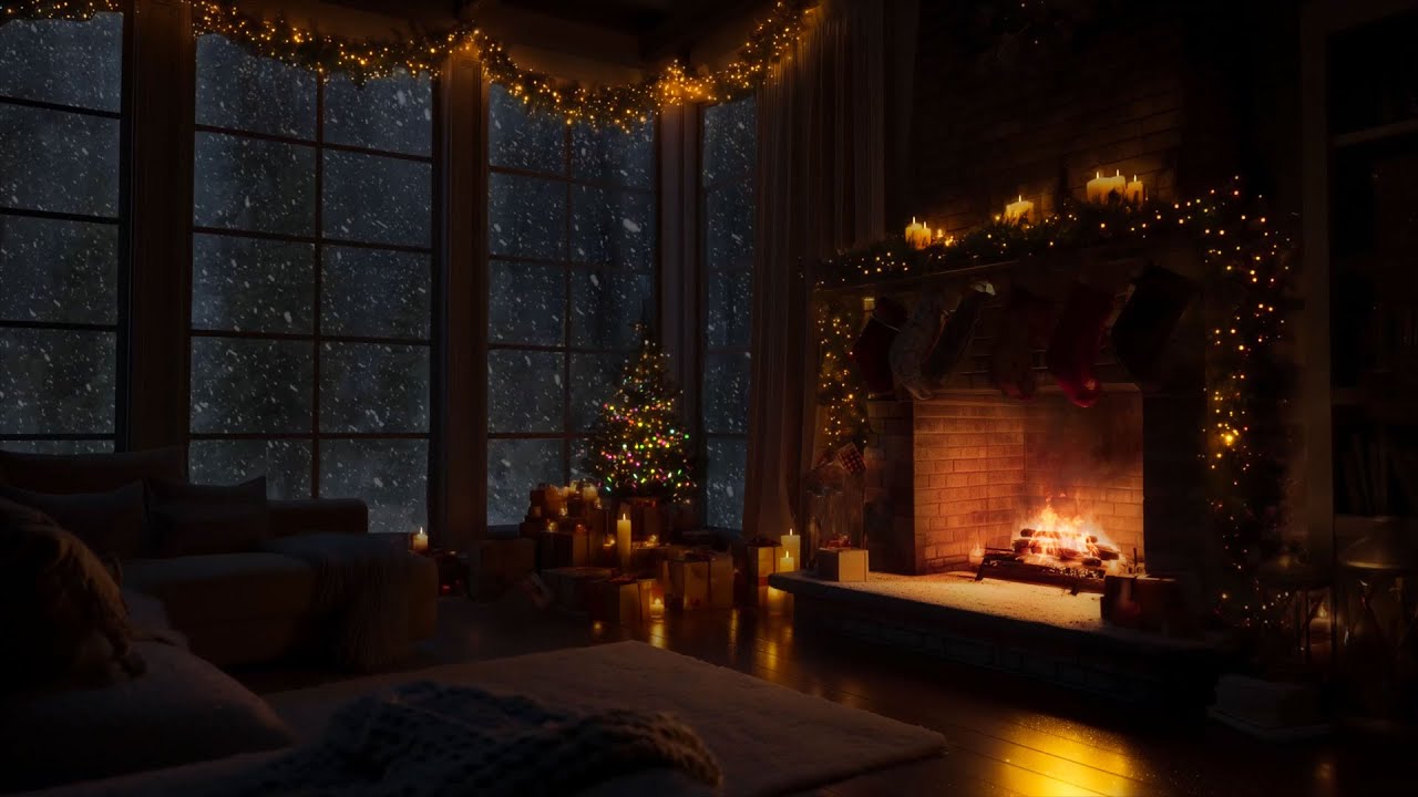 🎅 Relaxing Christmas Ambience Fireplace and Snowstorm Sounds | Help You Study and Concentrate