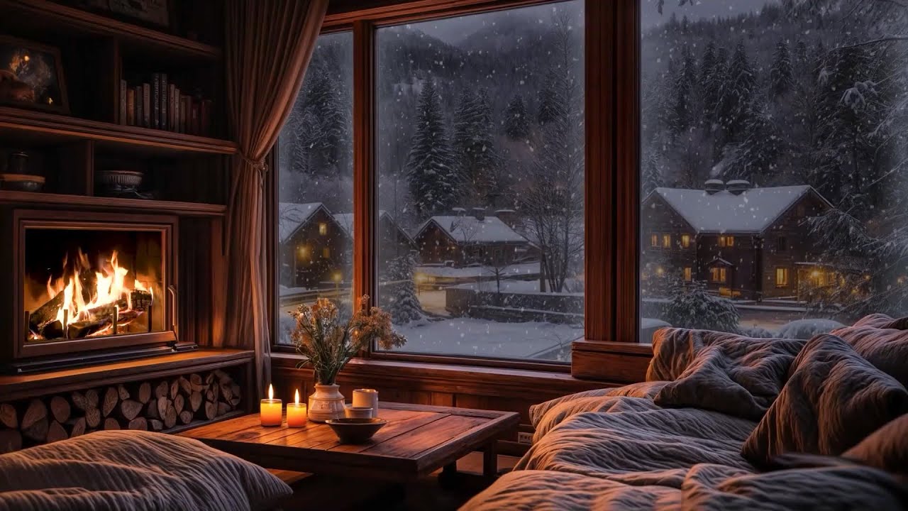 Tranquilidad invernal❄️nevadas suaves, chimenea y suaves sonidos del viento para relajarse y dormir🔥