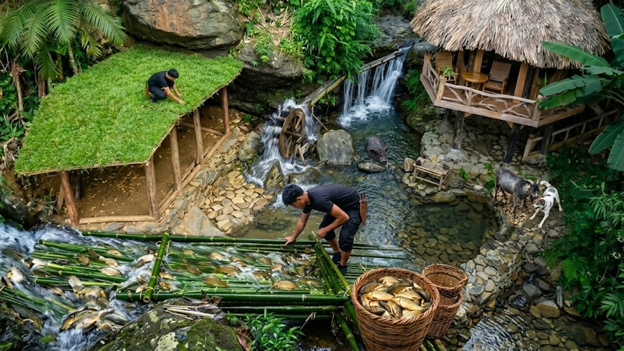 Building a Green Grass Roof for My Forest Kitchen | Catching Tons of Fish in Heavy Rain