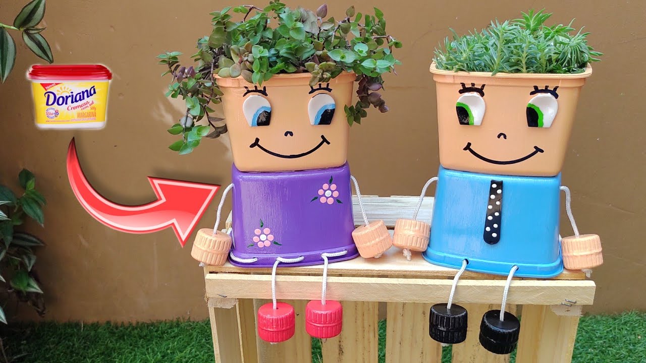 VASOS BONECOS Transformando POTES DE MARGARINA (Decorative Recycled Ice Cream Pots)