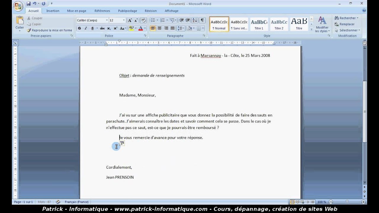 Tuto Mettre en forme une lettre (Word 2007)