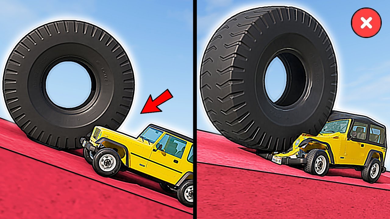 Vehicles VS Huge Rolling Tires in BeamNG.drive