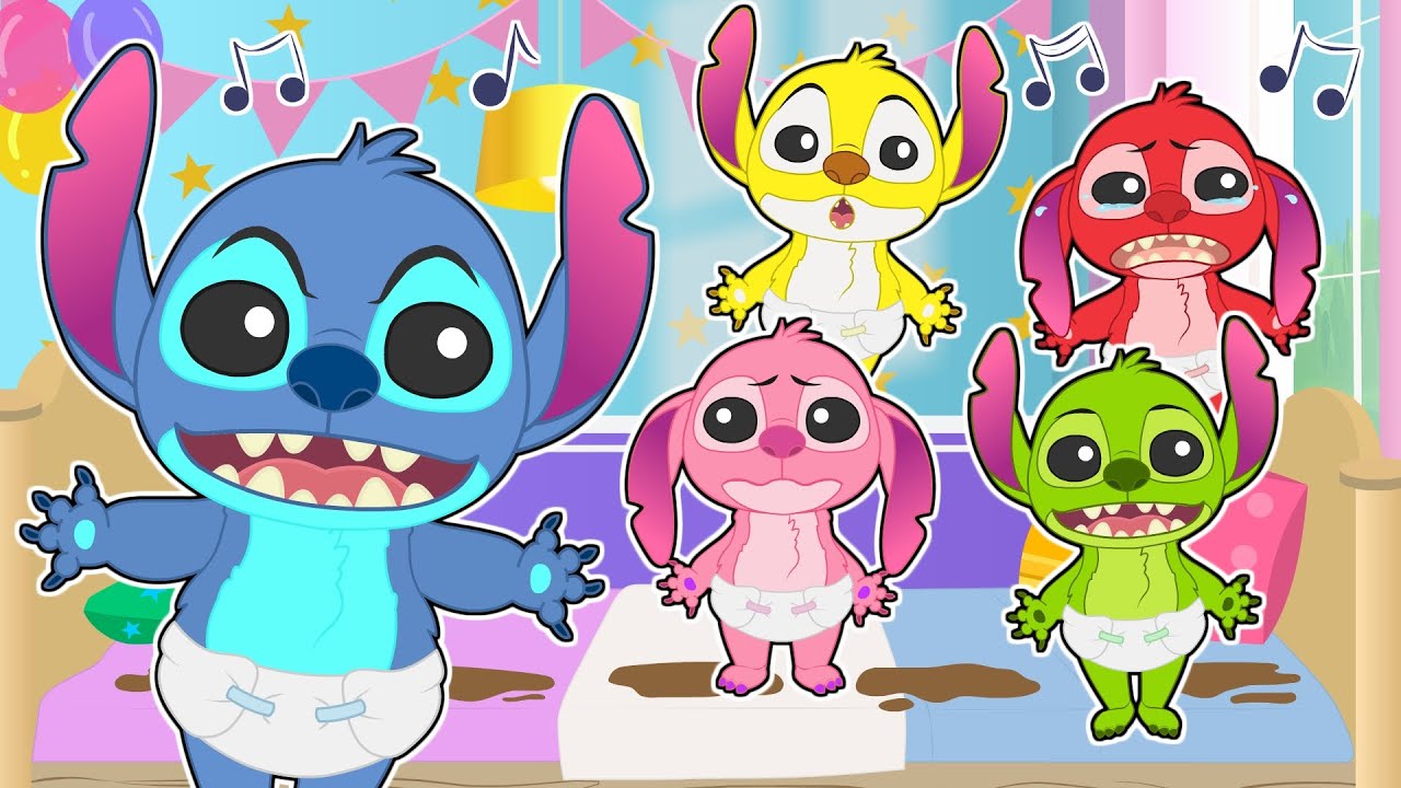 FIVE LITTLE BABIES 🎵 With Stitch Jumping in the Bed