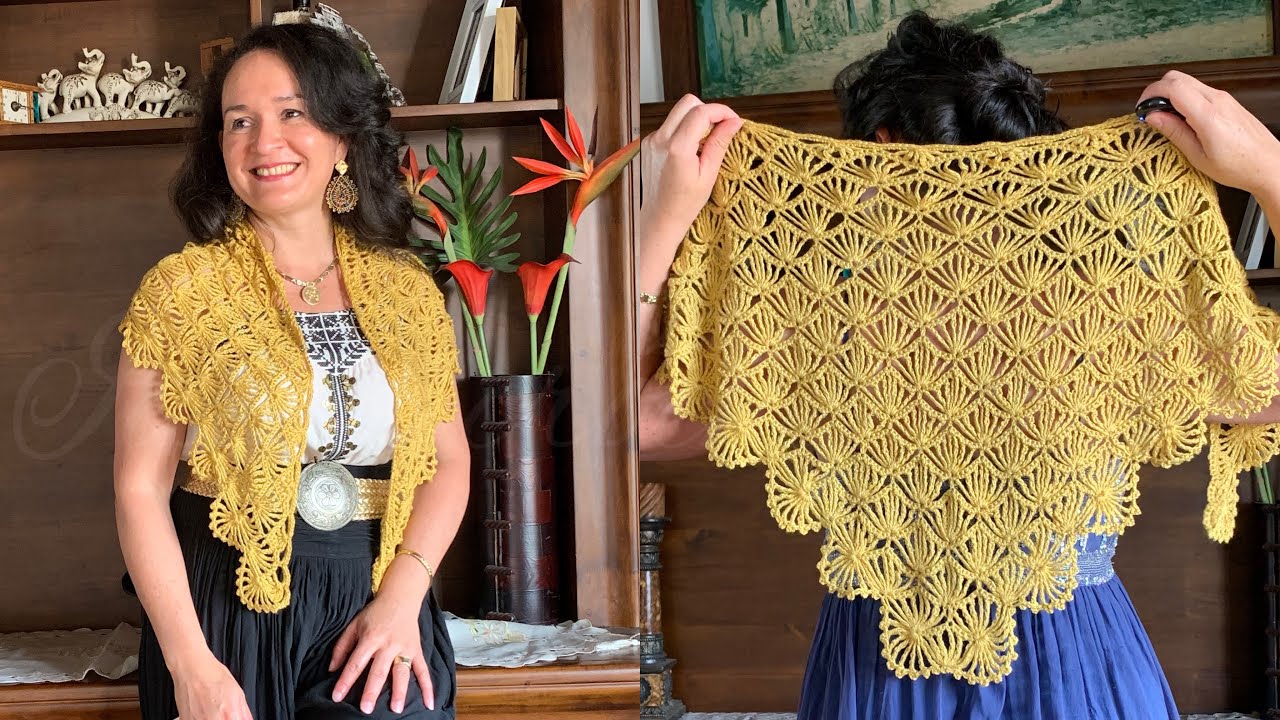 CHALINA De Bambú TEJIDA a CROCHET, EXCELENTE PARA REGALOS 🎄🎁🎄Puntos de frente en abanicos