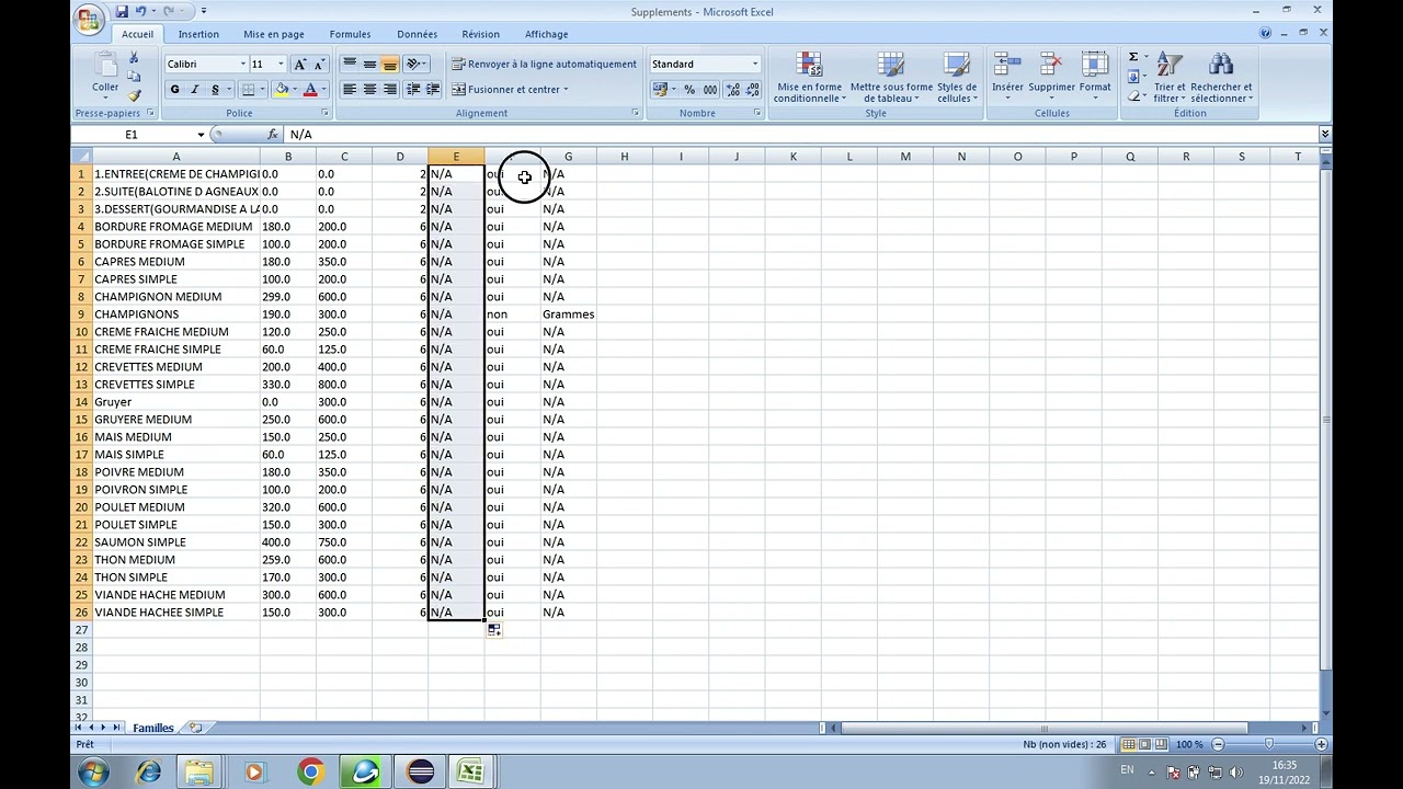 Importation des familles et plats (Excel)