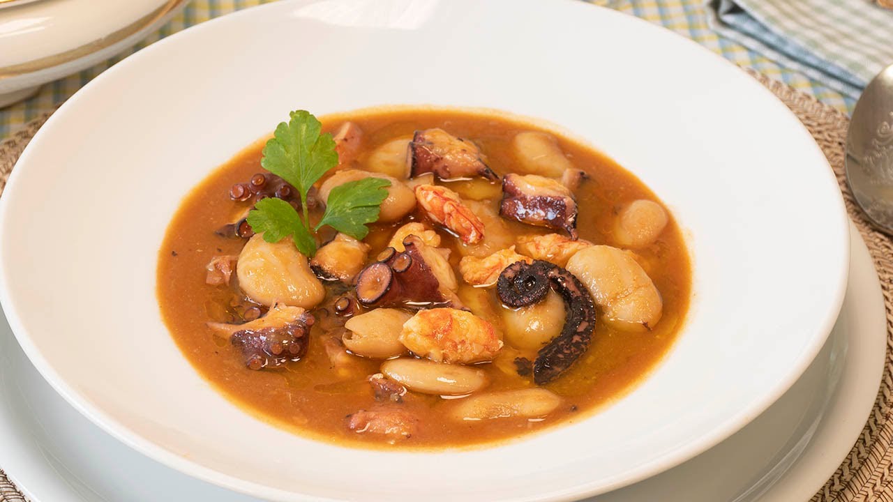 Judiones de La Granja con pulpo y langostinos